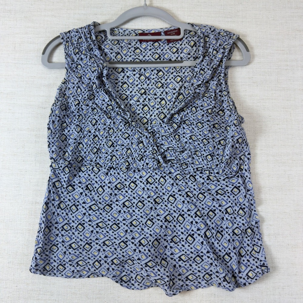 Jordache Blue Geometric Diamond Print Ruffle V-Neck Smocked Top Junior M 7/9